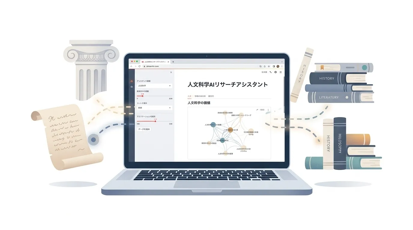 人文学とAI技術の融合を表す抽象的なイラスト